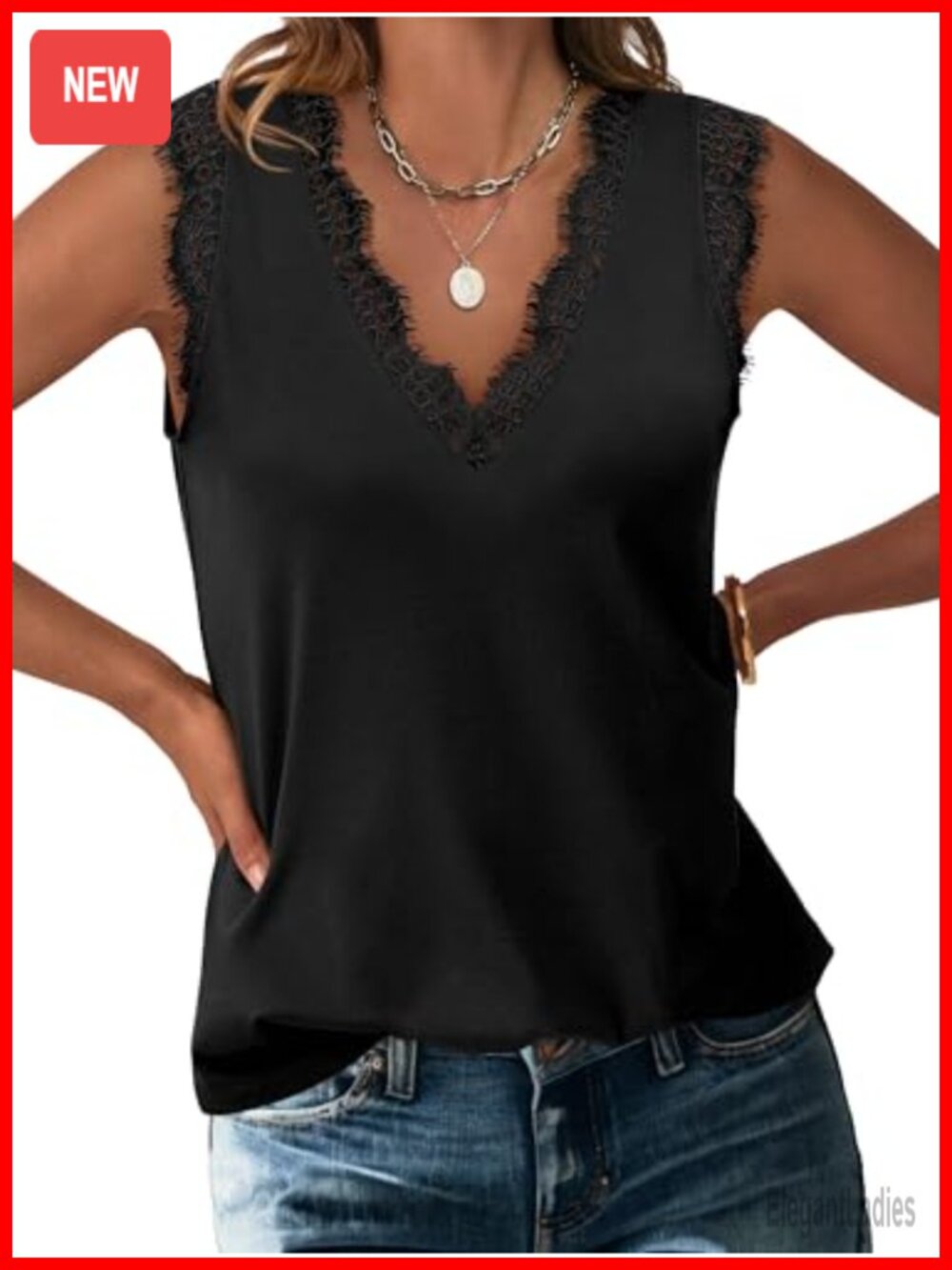 Lace Trim V Neck Sleeveless Tank Top Summer Casual